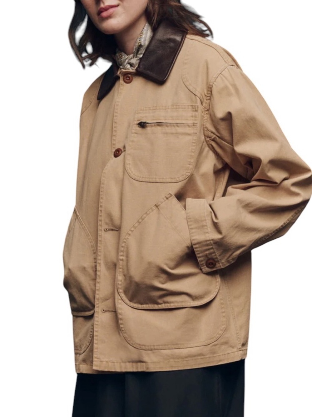 THE GREAT. Tan Barn Jacket with Dark Brown leather Collar excellent condition - Picture 3 of 15